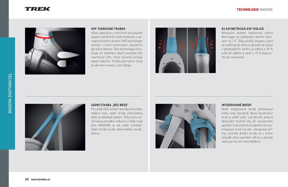To bylo potvrzeno i testy ve větrném tunelu v San Diegu. E2 ASYMETRICKÁ KVF VIDLICE Revoluční systém karbonové vidlice Bontrager se zvětšeným dolním ložiskem na 1.5.