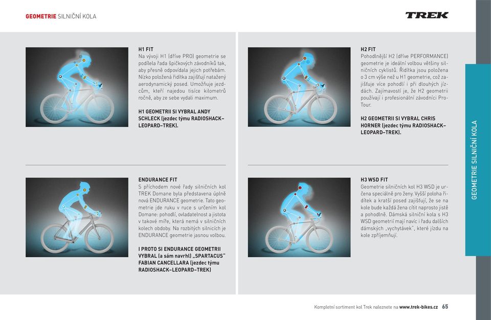 H1 GEOMETRII SI VYBRAL ANDY SCHLECK (jezdec týmu RADIOSHACK LEOPARD TREK). ENDURANCE FIT S příchodem nové řady silničních kol TREK Domane byla představena úplně nová ENDURANCE geometrie.