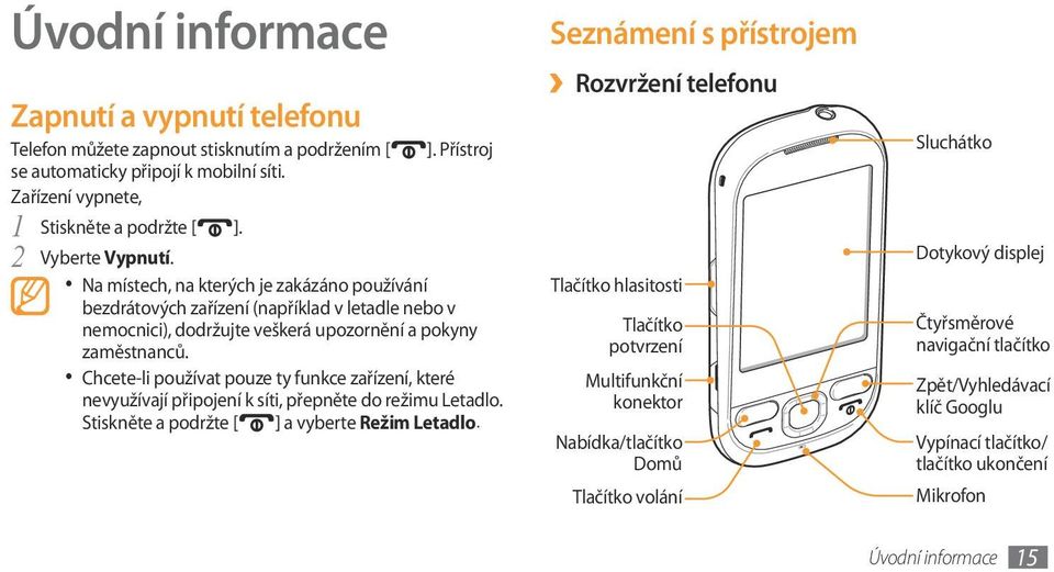 Chcete-li používat pouze ty funkce zařízení, které nevyužívají připojení k síti, přepněte do režimu Letadlo. Stiskněte a podržte [ ] a vyberte Režim Letadlo.