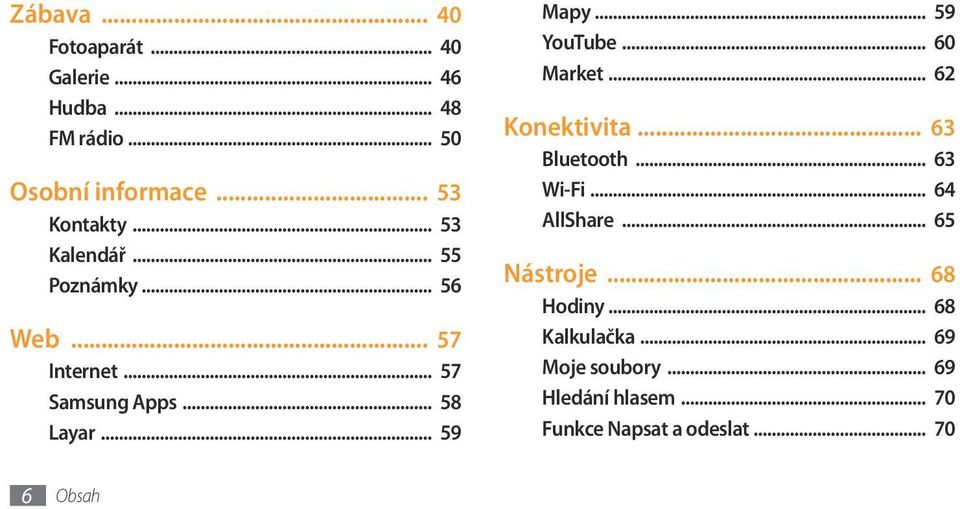 .. 59 YouTube... 60 Market... 62 Konektivita... 63 Bluetooth... 63 Wi-Fi... 64 AllShare... 65 Nástroje.