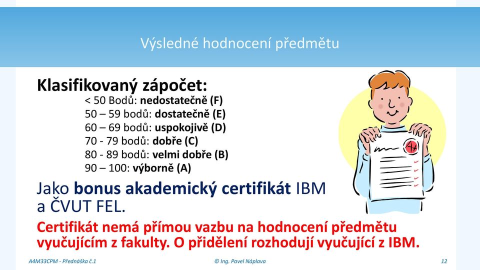 90 100: výborně (A) Jako bonus akademický certifikát IBM a ČVUT FEL.