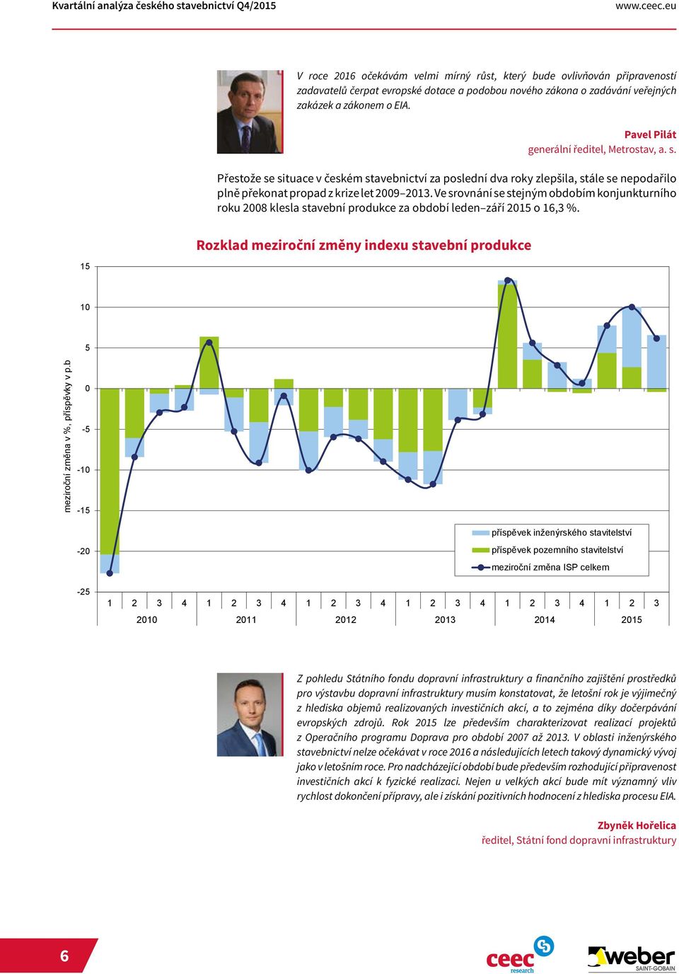 Pavel Pilát generální ředitel, Metrostav, a. s. Přestože se situace v českém stavebnictví za poslední dva roky zlepšila, stále se nepodařilo plně překonat propad z krize let 2009 2013.