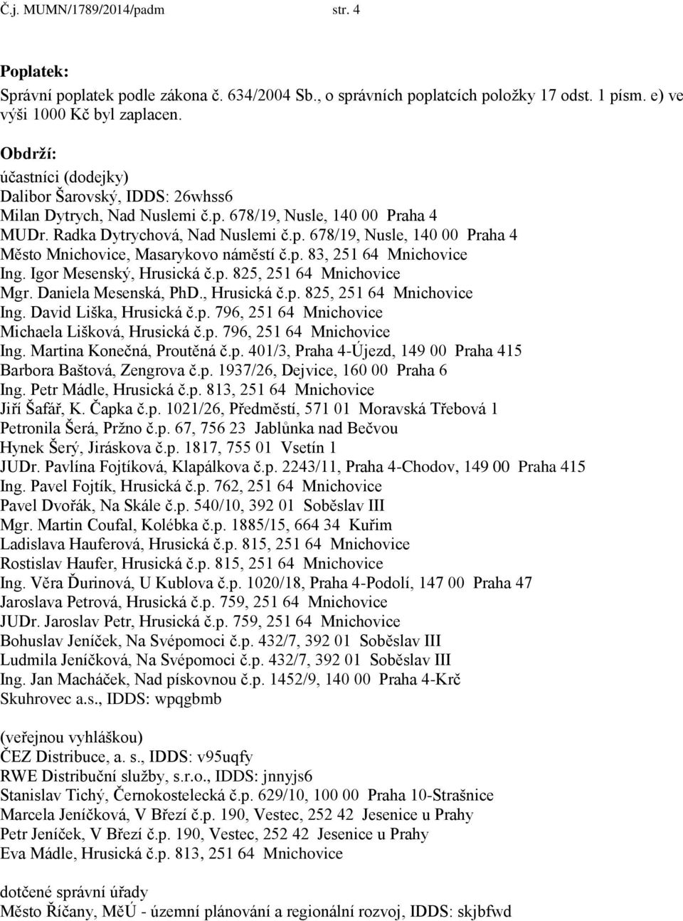 p. 83, 251 64 Mnichovice Ing. Igor Mesenský, Hrusická č.p. 825, 251 64 Mnichovice Mgr. Daniela Mesenská, PhD., Hrusická č.p. 825, 251 64 Mnichovice Ing. David Liška, Hrusická č.p. 796, 251 64 Mnichovice Michaela Lišková, Hrusická č.