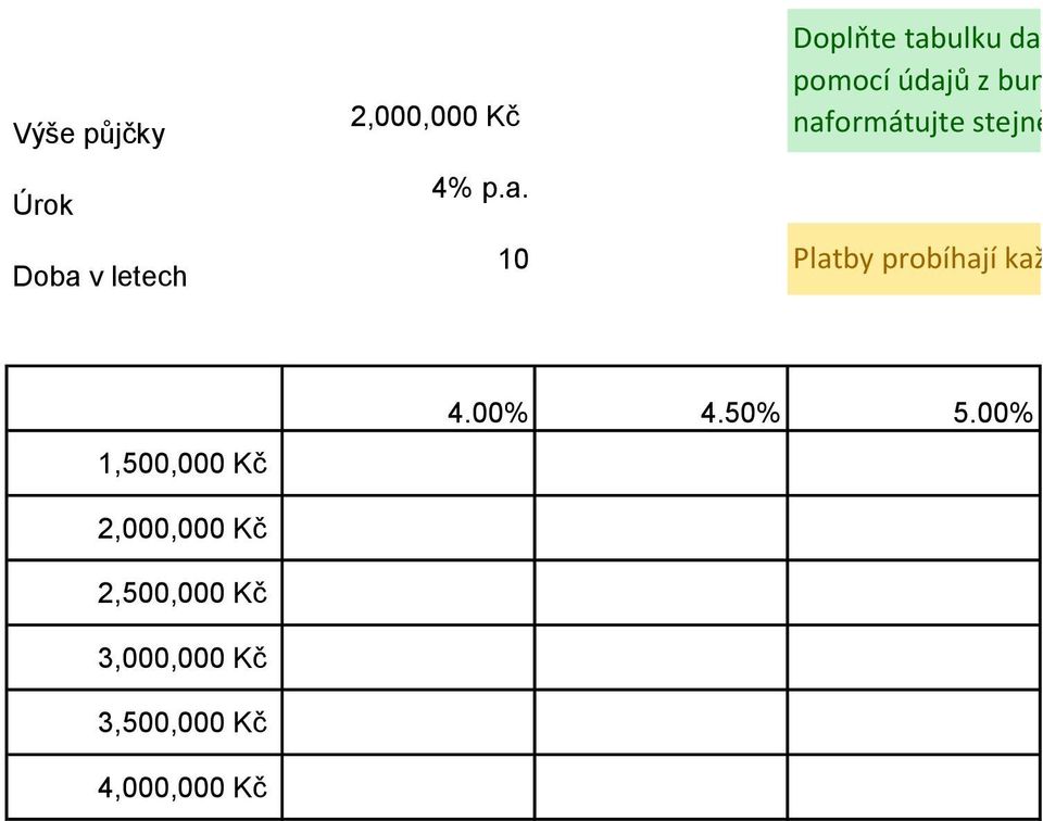 10 Doplňte tabulku dat, do buňky H7 vypočítejte ve pomocí údajů z buněk I3 - I5.