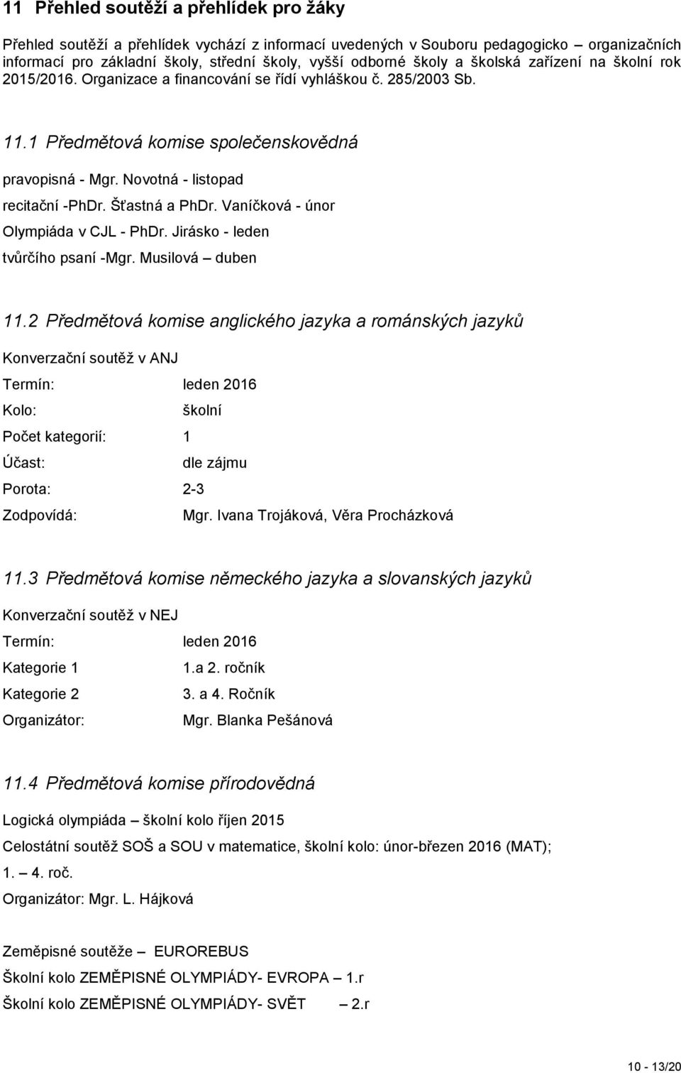 Šťastná a PhDr. Vaníčková - únor Olympiáda v CJL - PhDr. Jirásko - leden tvůrčího psaní -Mgr. Musilová duben 11.