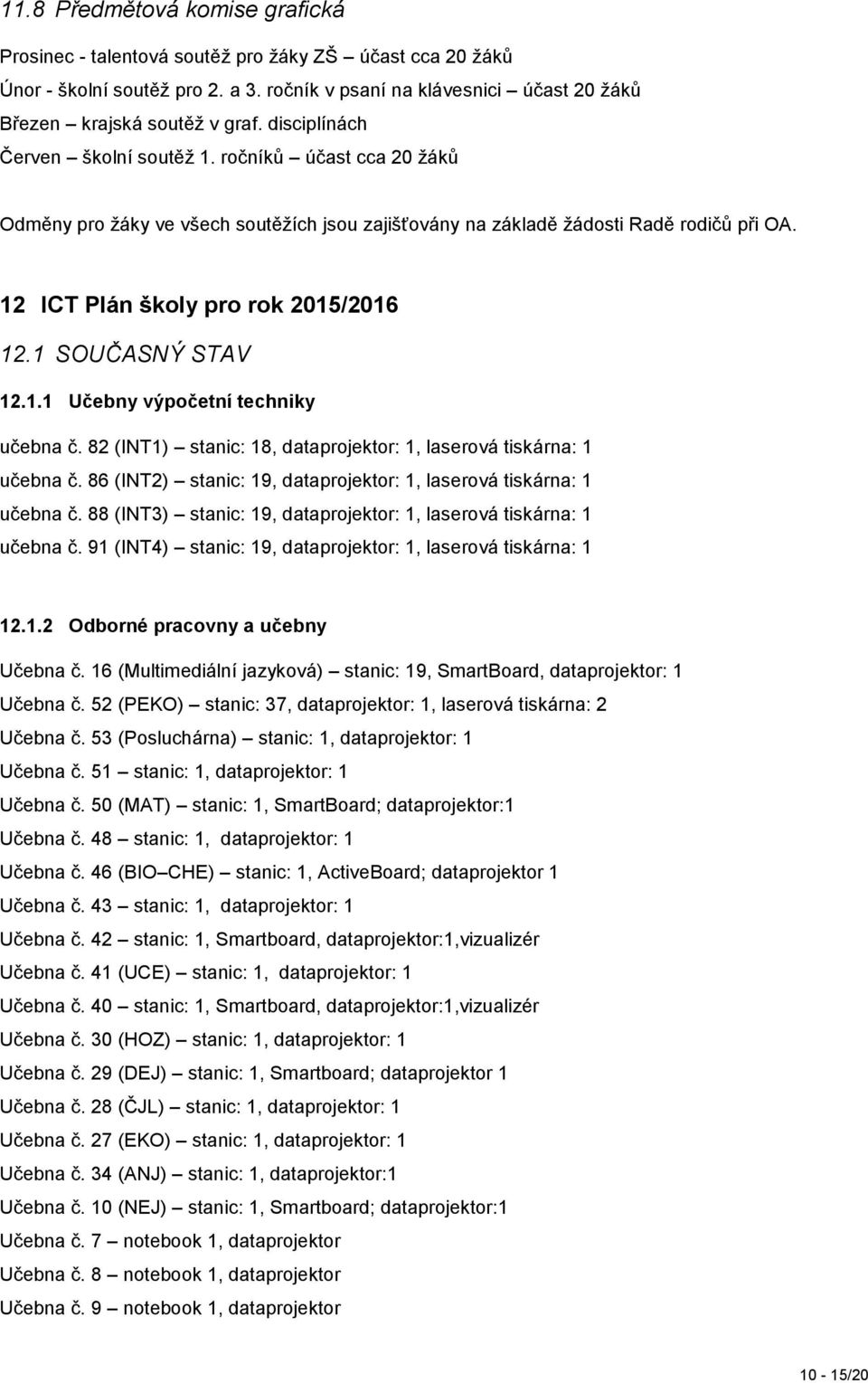 1 SOUČASNÝ STAV 12.1.1 Učebny výpočetní techniky učebna č. 82 (INT1) stanic: 18, dataprojektor: 1, laserová tiskárna: 1 učebna č. 86 (INT2) stanic: 19, dataprojektor: 1, laserová tiskárna: 1 učebna č.