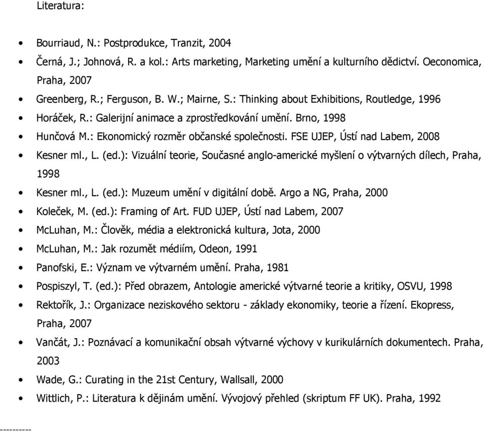 FSE UJEP, Ústí nad Labem, 2008 Kesner ml., L. (ed.): Vizuální teorie, Současné anglo-americké myšlení o výtvarných dílech, Praha, 1998 Kesner ml., L. (ed.): Muzeum umění v digitální době.