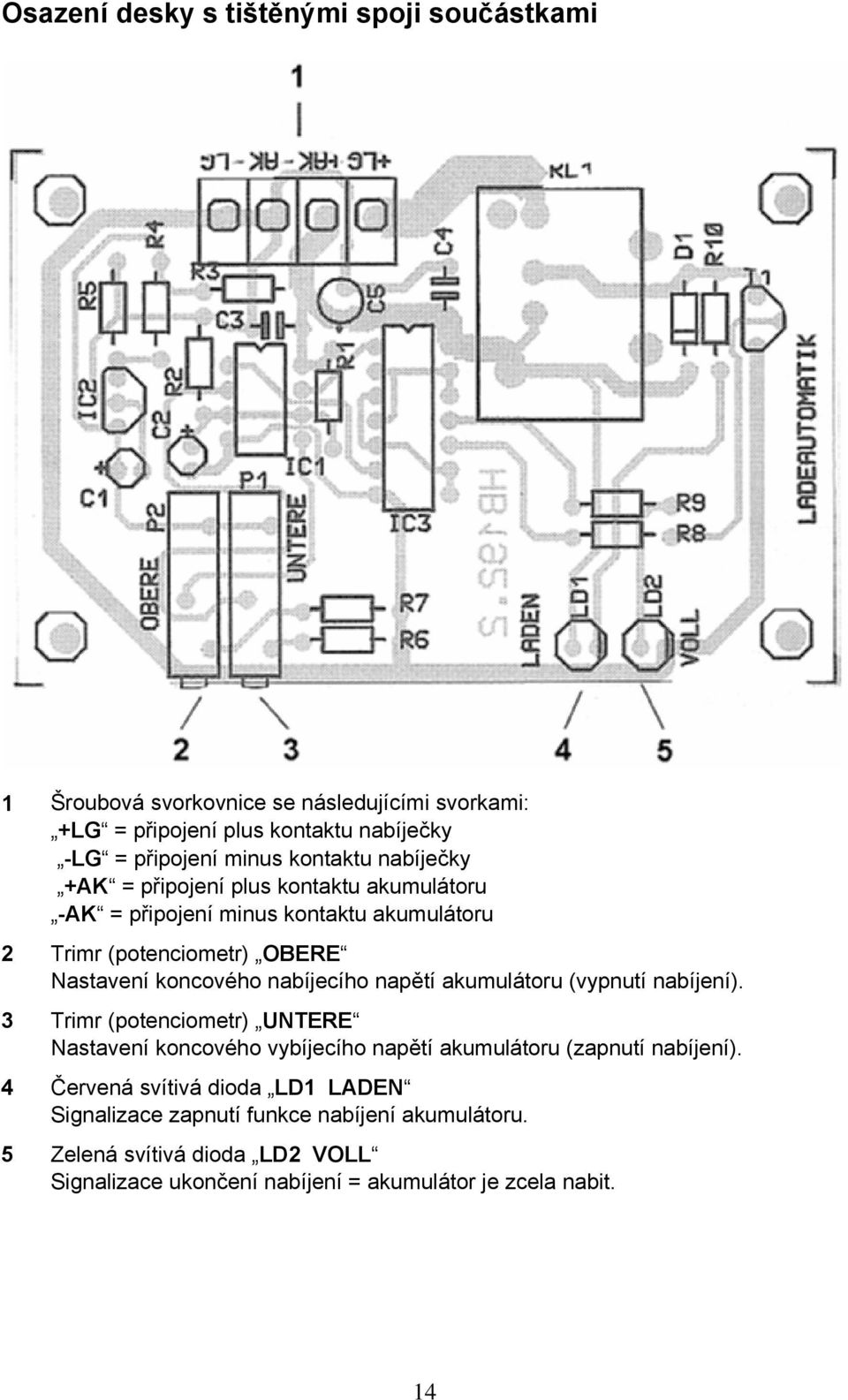 nabíjecího napětí akumulátoru (vypnutí nabíjení). 3 Trimr (potenciometr) UNTERE Nastavení koncového vybíjecího napětí akumulátoru (zapnutí nabíjení).