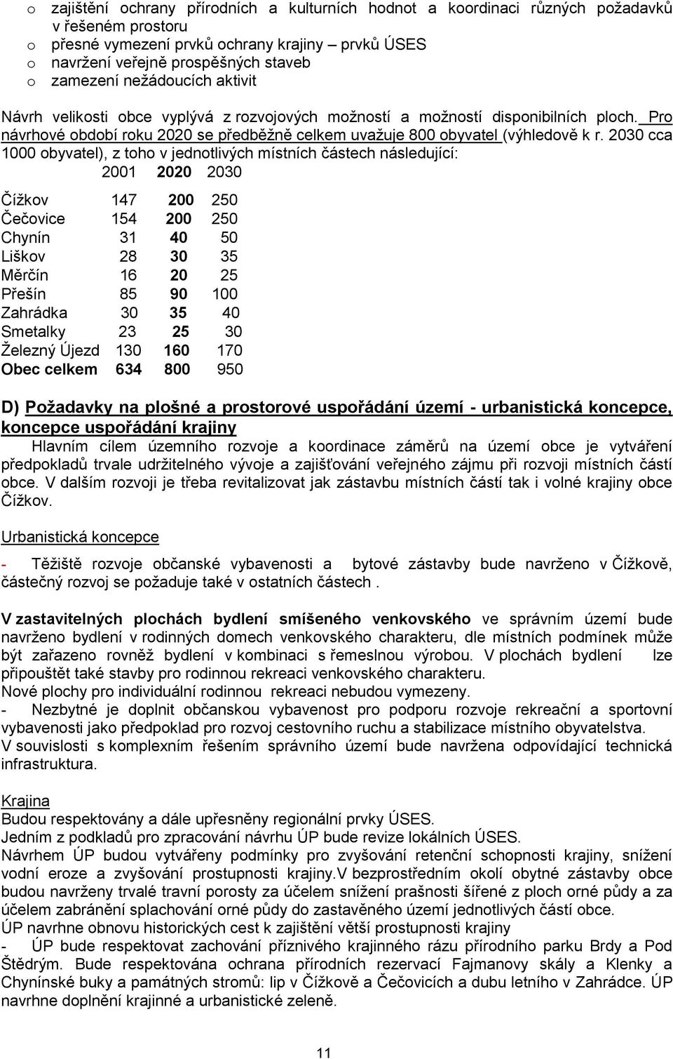 2030 cca 1000 obyvatel), z toho v jednotlivých místních částech následující: 2001 2020 2030 Číţkov 147 200 250 Čečovice 154 200 250 Chynín 31 40 50 Liškov 28 30 35 Měrčín 16 20 25 Přešín 85 90 100