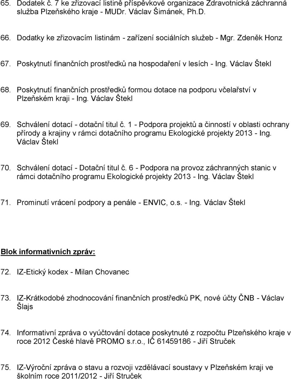 Poskytnutí finančních prostředků formou dotace na podporu včelařství v Plzeňském kraji - Ing. Václav Štekl 69. Schválení dotací - dotační titul č.