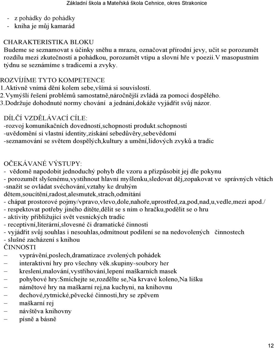 Aktivně vnímá dění kolem sebe,všímá si souvislostí. 2.Vymýšlí řešení problémů samostatně,náročnější zvládá za pomoci dospělého. 3.Dodrţuje dohodnuté normy chování a jednání,dokáţe vyjádřit svůj názor.