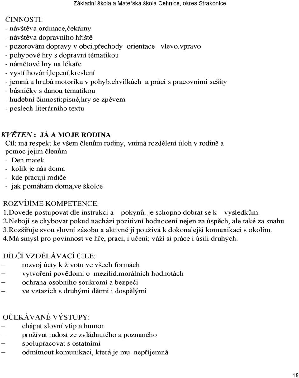 chvilkách a práci s pracovními sešity - básničky s danou tématikou - hudební činnosti:písně,hry se zpěvem - poslech literárního textu KVĚTEN : JÁ A MOJE RODINA Cíl: má respekt ke všem členům rodiny,