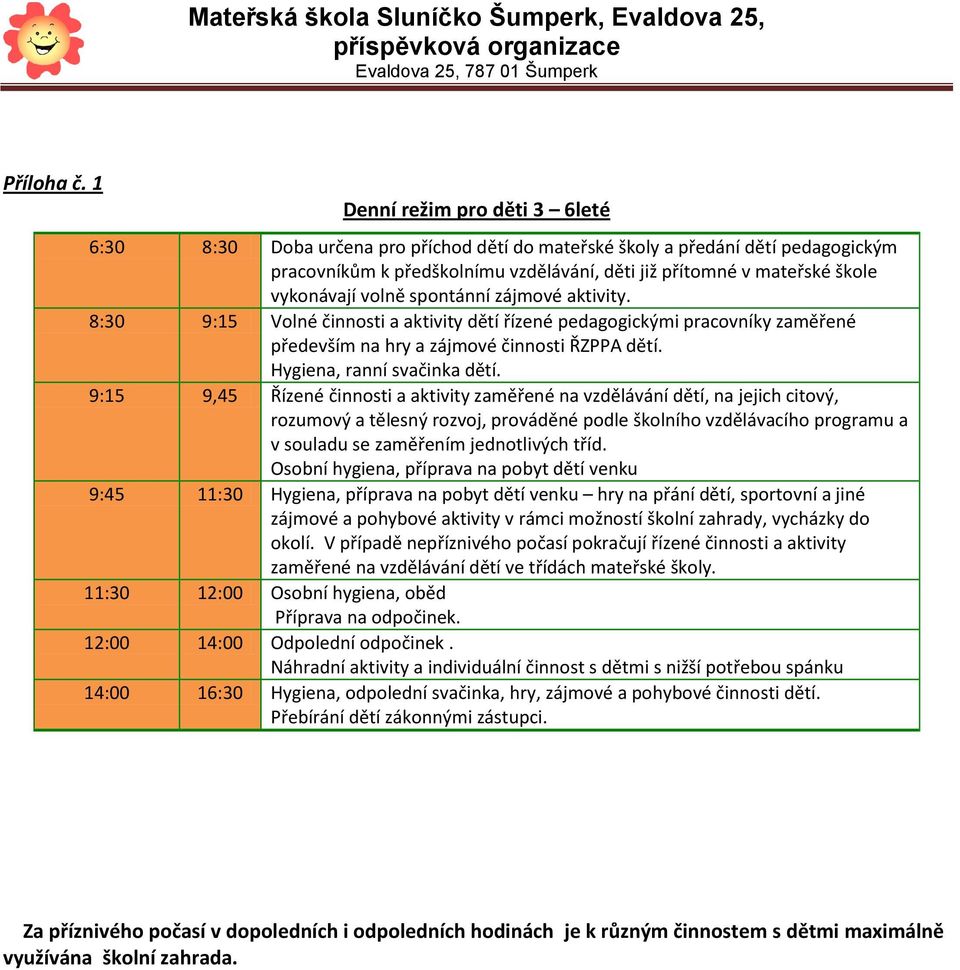 vykonávají volně spontánní zájmové aktivity. 8:30 9:15 Volné činnosti a aktivity dětí řízené pedagogickými pracovníky zaměřené především na hry a zájmové činnosti ŘZPPA dětí.