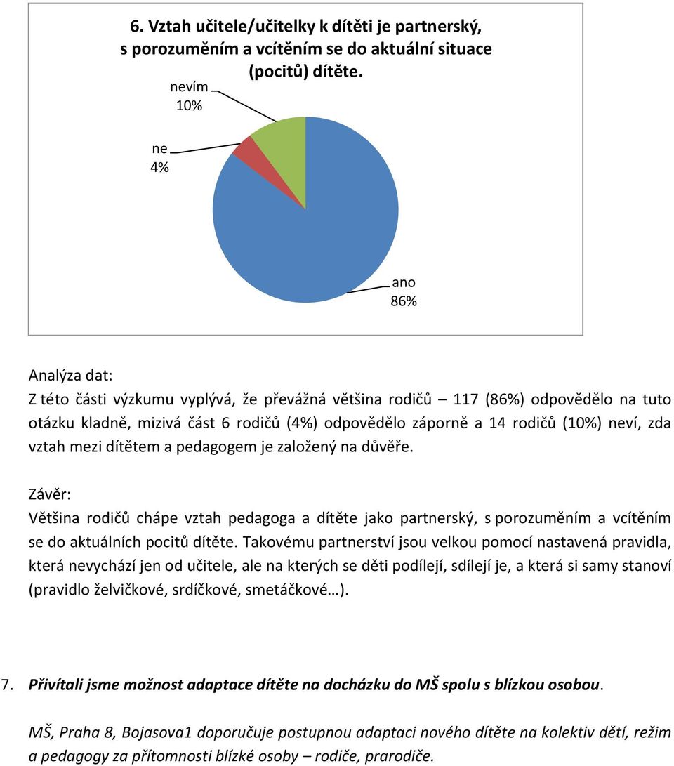 dítětem a pedagogem je založený na důvěře. Většina rodičů chápe vztah pedagoga a dítěte jako partrský, s porozuměním a vcítěním se do aktuálních pocitů dítěte.