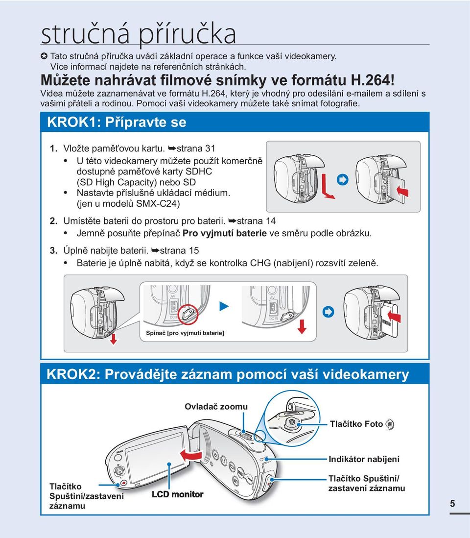 Vložte paměťovou kartu. strana 31 U této videokamery můžete použít komerčně dostupné paměťové karty SDHC (SD High Capacity) nebo SD Nastavte příslušné ukládací médium. (jen u modelů SMX-C24) 2.