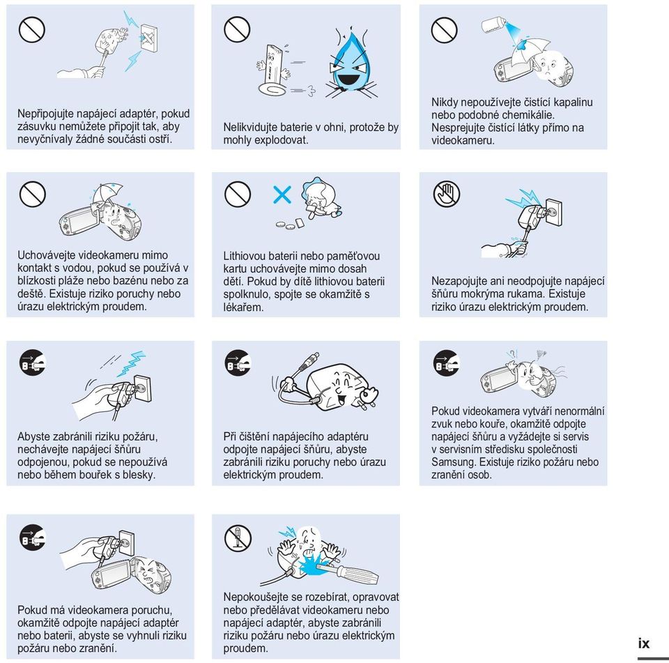Uchovávejte videokameru mimo kontakt s vodou, pokud se používá v blízkosti pláže nebo bazénu nebo za deště. Existuje riziko poruchy nebo úrazu elektrickým proudem.