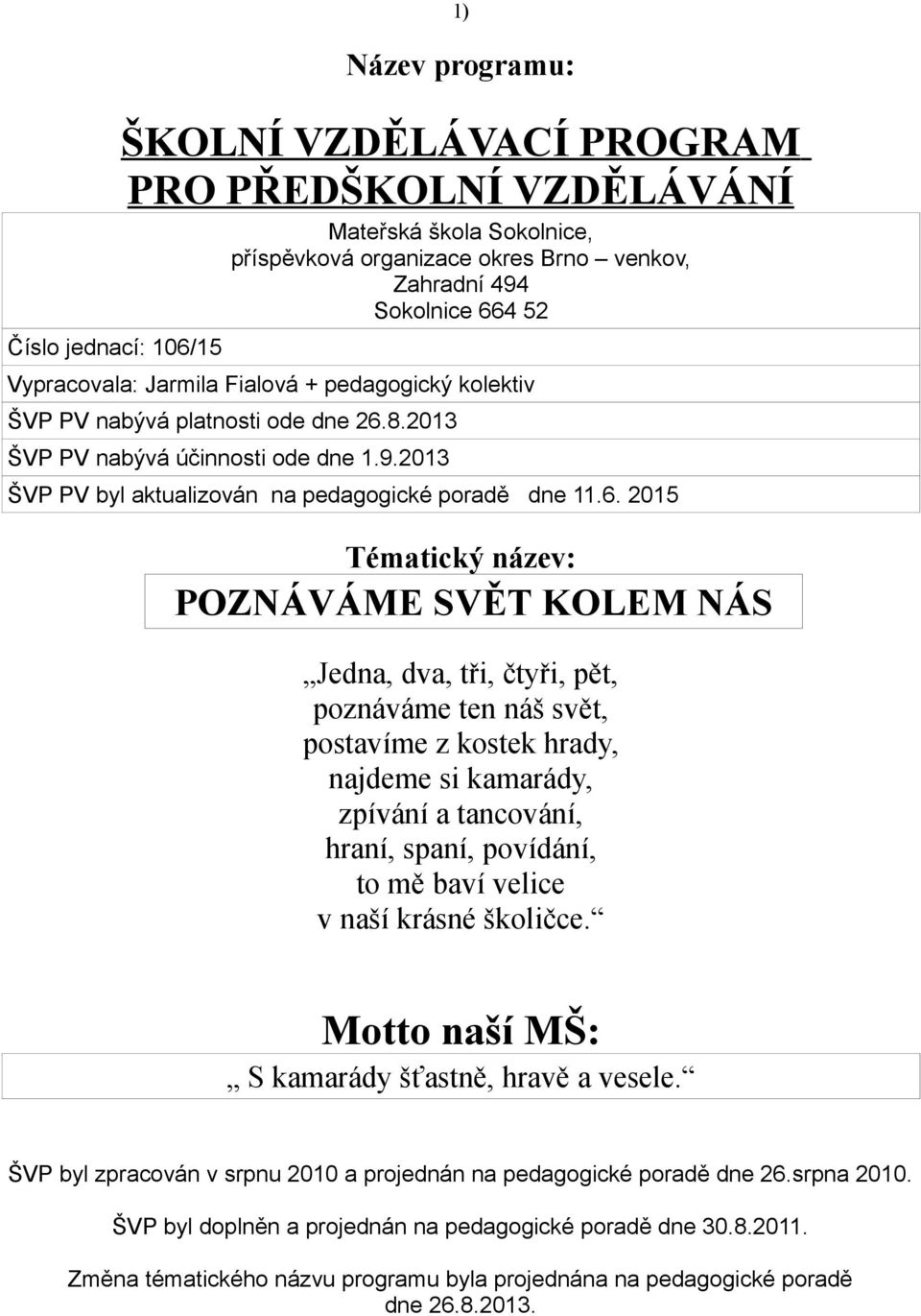 8.2013 ŠVP PV nabývá účinnosti ode dne 1.9.2013 ŠVP PV byl aktualizován na pedagogické poradě dne 11.6.