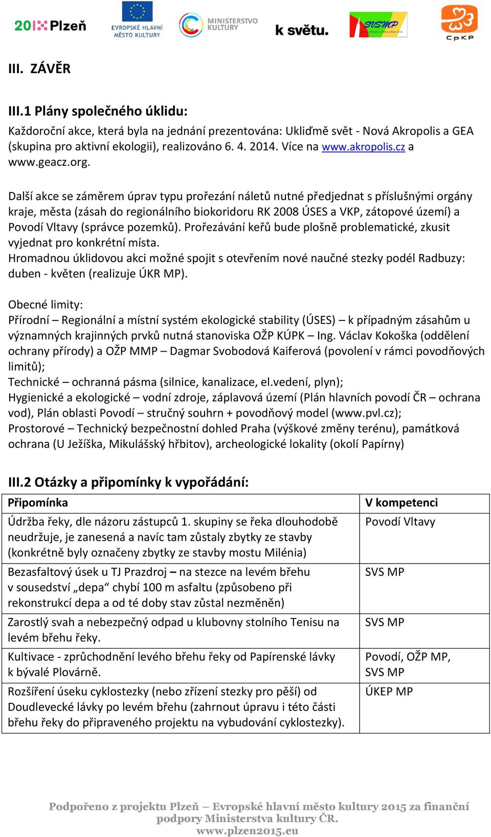 Další akce se záměrem úprav typu prořezání náletů nutné předjednat s příslušnými orgány kraje, města (zásah do regionálního biokoridoru RK 2008 ÚSES a VKP, zátopové území) a Povodí Vltavy (správce