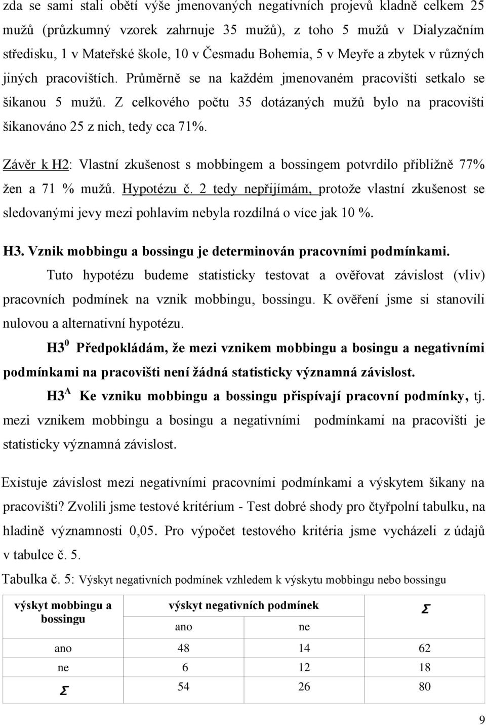 Z celkového počtu 35 dotázaných mužů bylo na pracovišti šikanováno 25 z nich, tedy cca 71%. Závěr k H2: Vlastní zkušenost s mobbingem a bossingem potvrdilo přibližně 77% žen a 71 % mužů. Hypotézu č.