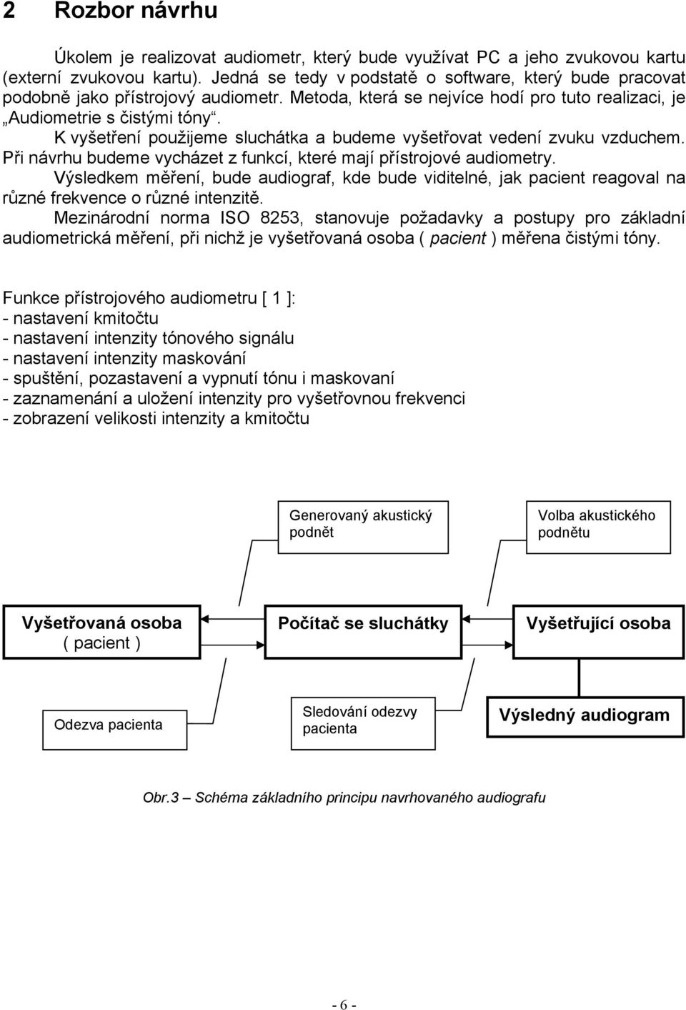 K vyšetření použijeme sluchátka a budeme vyšetřovat vedení zvuku vzduchem. Při návrhu budeme vycházet z funkcí, které mají přístrojové audiometry.