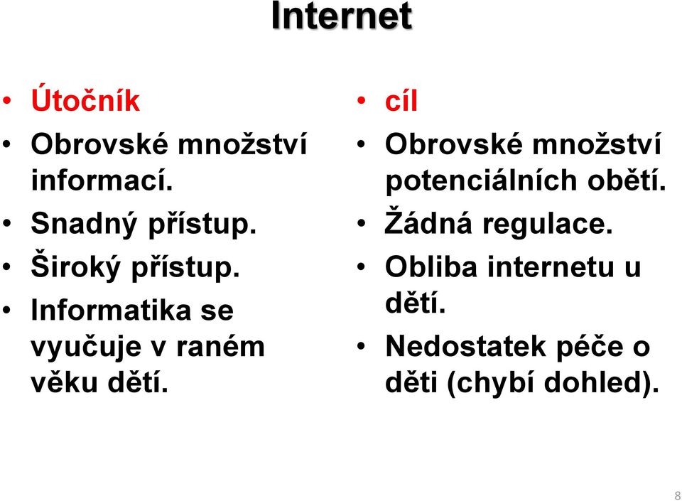 cíl Obrovské množství potenciálních obětí. Žádná regulace.