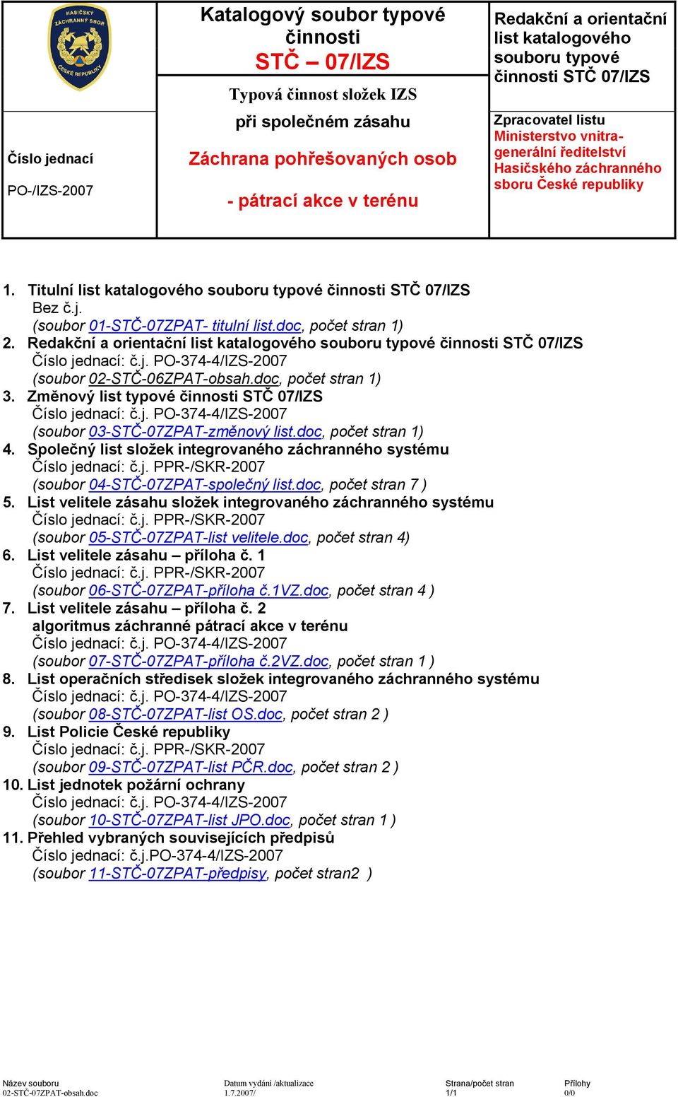 Redakční a orientační list katalogového souboru typové STČ 07/IZS Číslo jednací: č.j. PO-374-4/IZS-2007 (soubor 02-STČ-06ZPAT-obsah.doc, počet stran 1) 3.