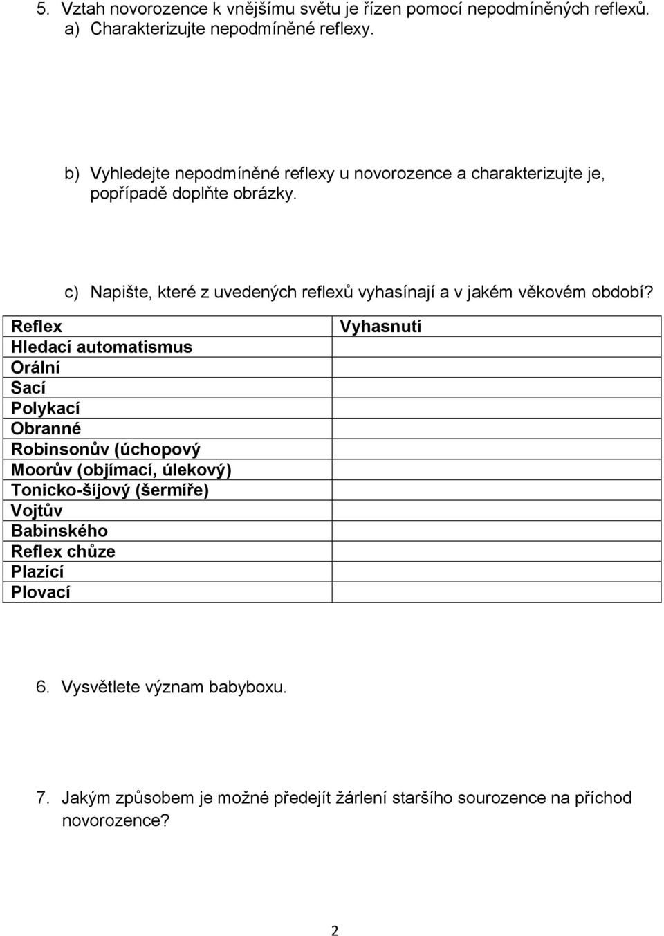 c) Napište, které z uvedených reflexů vyhasínají a v jakém věkovém období?