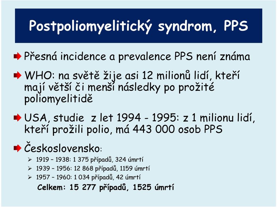 1 milionu lidí, kteří prožili polio, má 443 000 osob PPS Československo: 1919 1938: 1 375 případů, 324