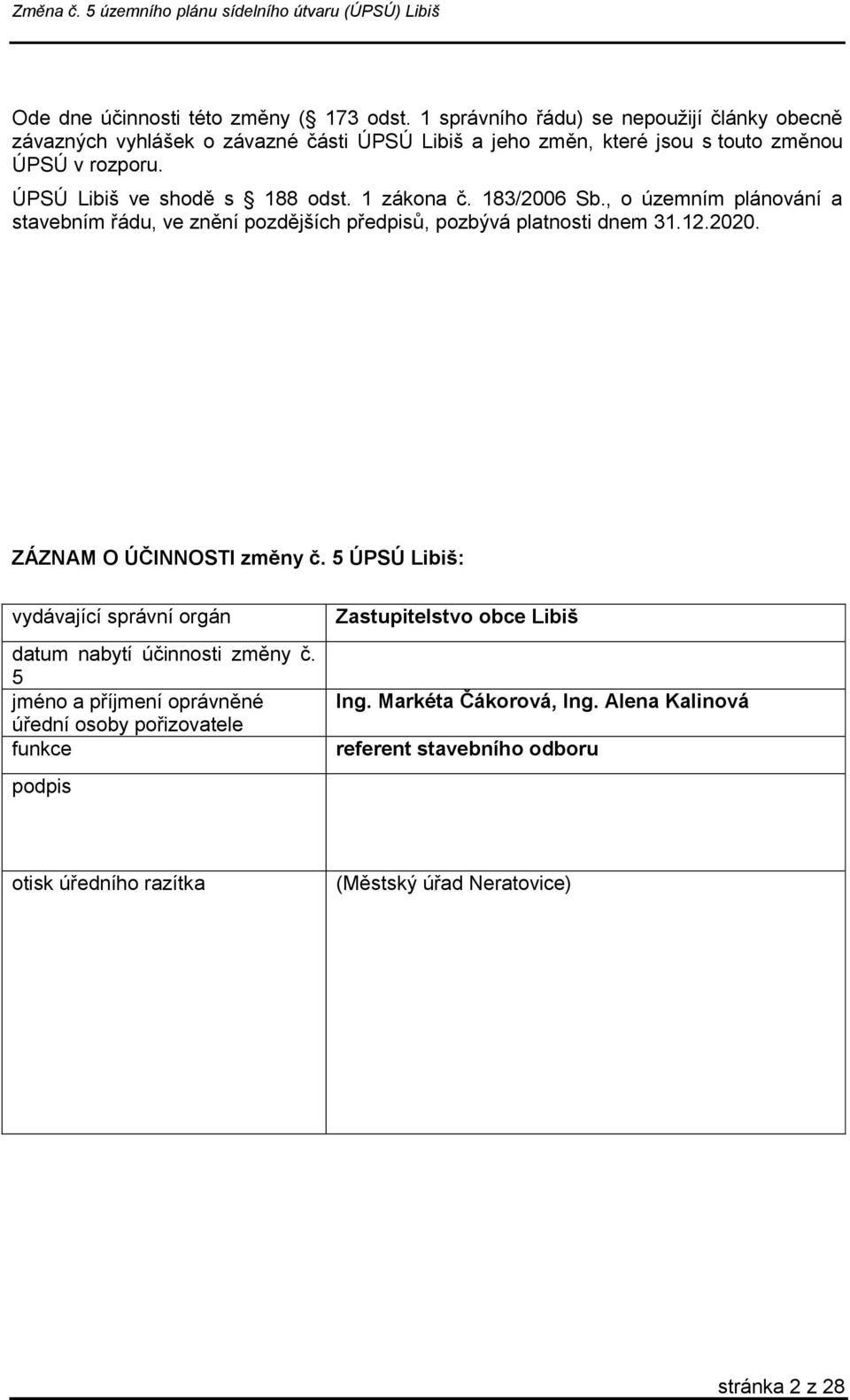 ÚPSÚ Libiš ve shodě s 188 odst. 1 zákona č. 183/2006 Sb., o územním plánování a stavebním řádu, ve znění pozdějších předpisů, pozbývá platnosti dnem 31.12.2020.