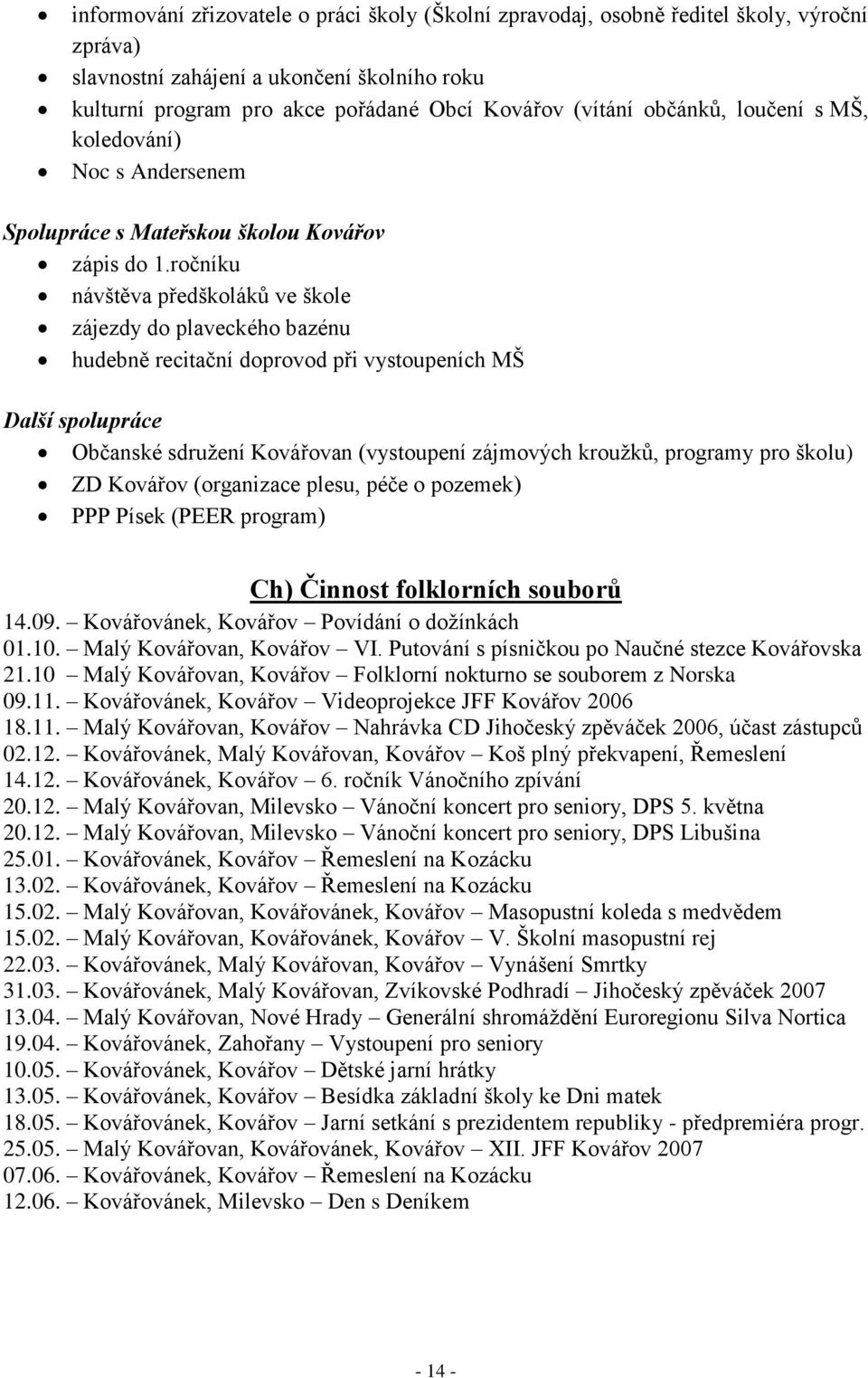 ročníku návštěva předškoláků ve škole zájezdy do plaveckého bazénu hudebně recitační doprovod při vystoupeních MŠ Další spolupráce Občanské sdruţení Kovářovan (vystoupení zájmových krouţků, programy