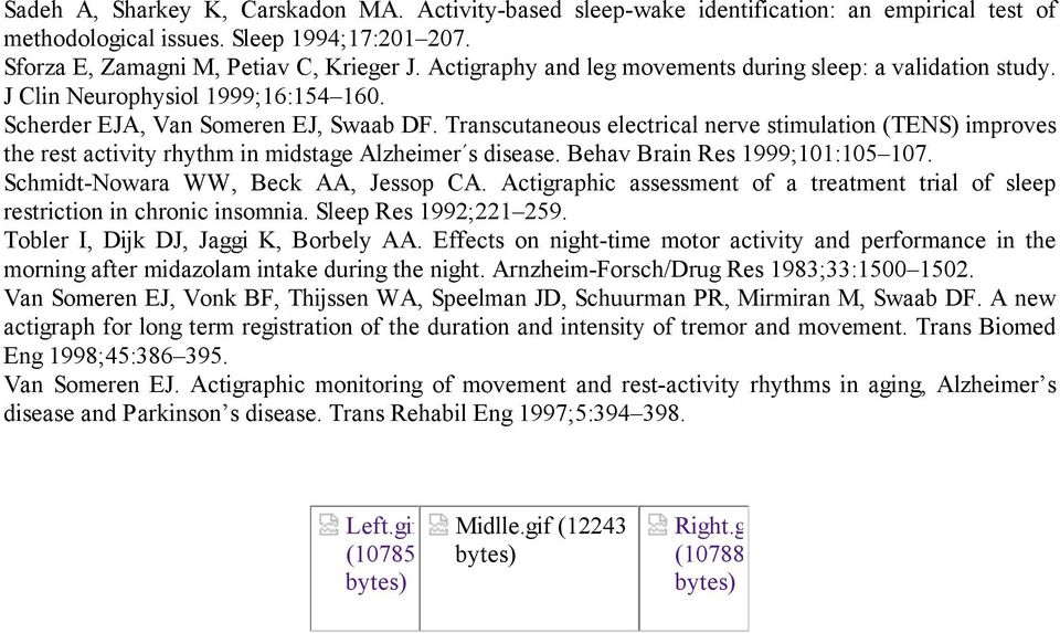 Transcutaneous electrical nerve stimulation (TENS) improves the rest activity rhythm in midstage Alzheimer s disease. Behav Brain Res 1999;101:105 107. Schmidt-Nowara WW, Beck AA, Jessop CA.