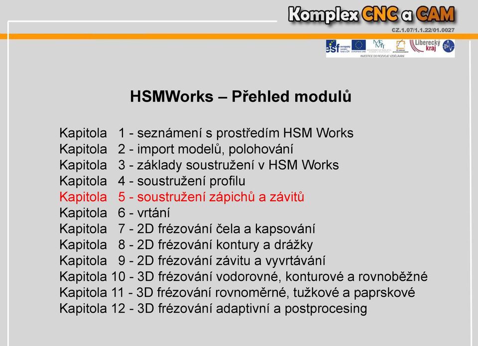 frézování čela a kapsování Kapitola 8-2D frézování kontury a drážky Kapitola 9-2D frézování závitu a vyvrtávání Kapitola 10-3D