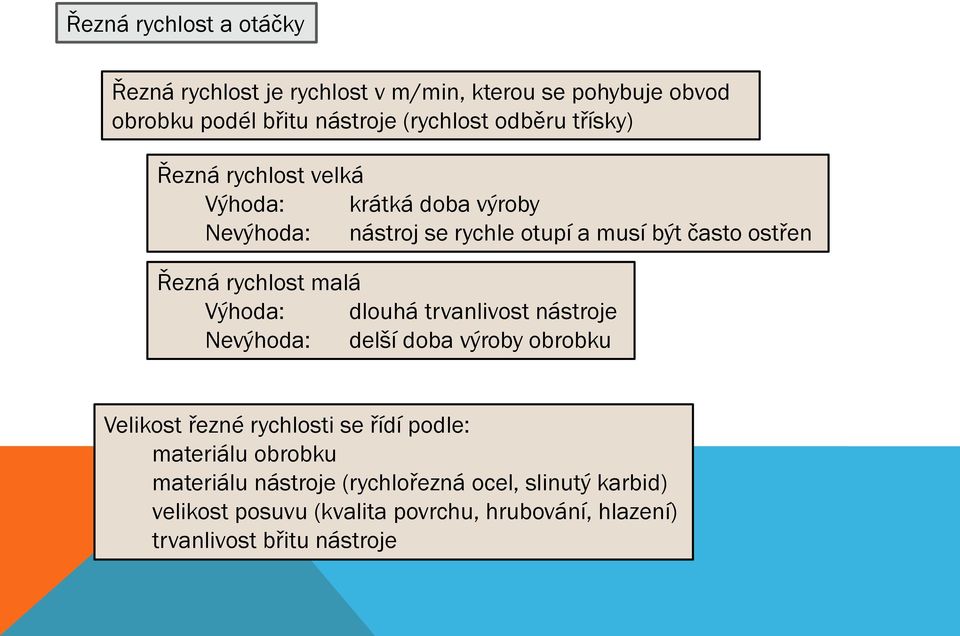 malá Výhoda: dlouhá trvanlivost nástroje Nevýhoda: delší doba výroby obrobku Velikost řezné rychlosti se řídí podle: materiálu