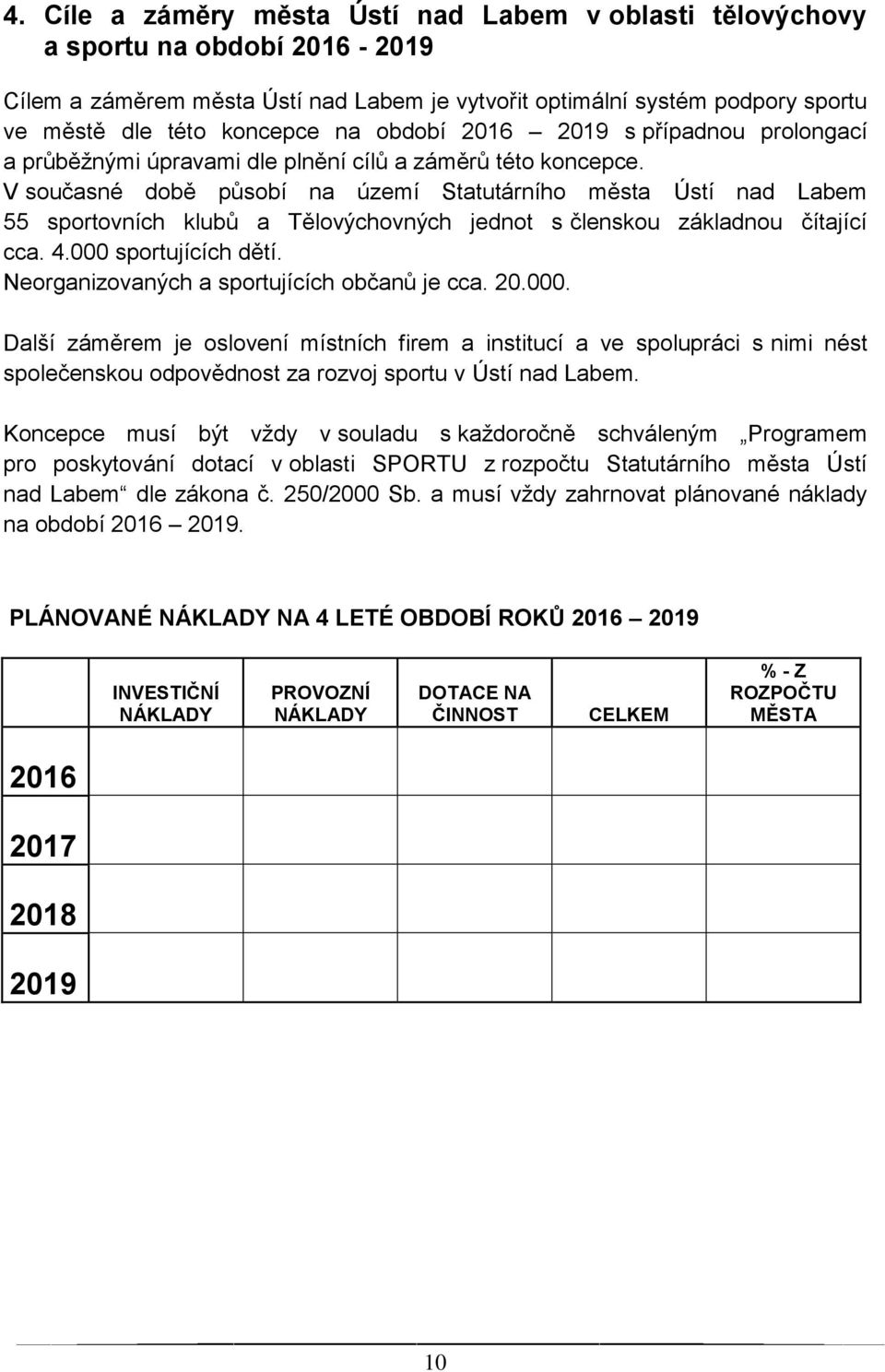 V současné době působí na území Statutárního města Ústí nad Labem 55 sportovních klubů a Tělovýchovných jednot s členskou základnou čítající cca. 4.000 sportujících dětí.