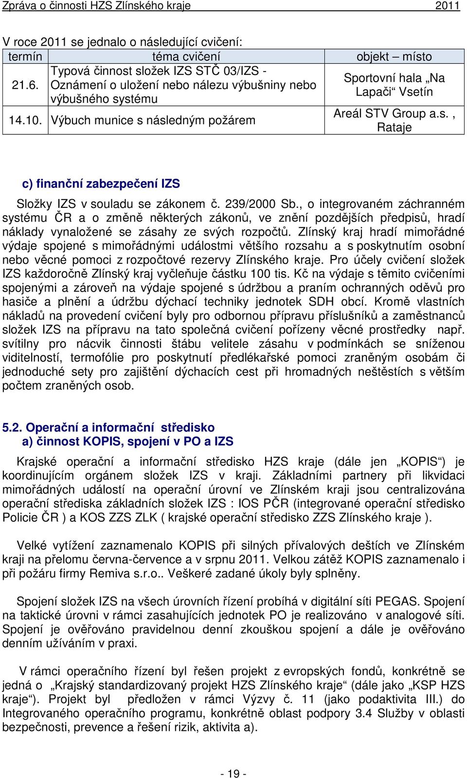 Výbuch munice s následným požárem Rataje c) finanční zabezpečení IZS Složky IZS v souladu se zákonem č. 239/2000 Sb.