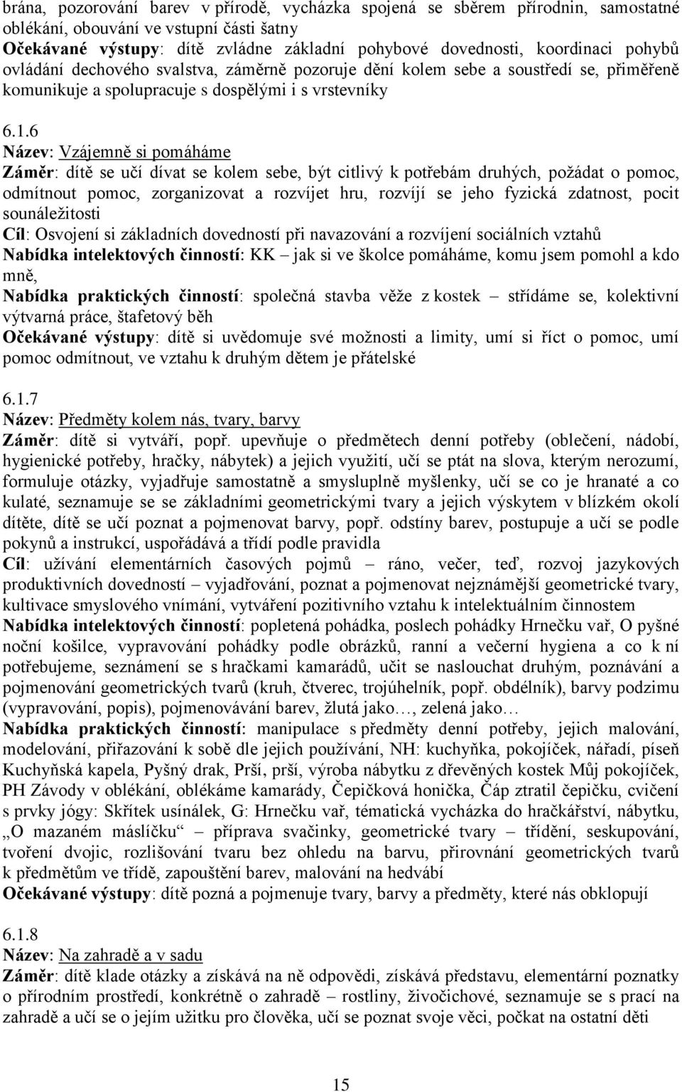 6 Název: Vzájemně si pomáháme Záměr: dítě se učí dívat se kolem sebe, být citlivý k potřebám druhých, požádat o pomoc, odmítnout pomoc, zorganizovat a rozvíjet hru, rozvíjí se jeho fyzická zdatnost,