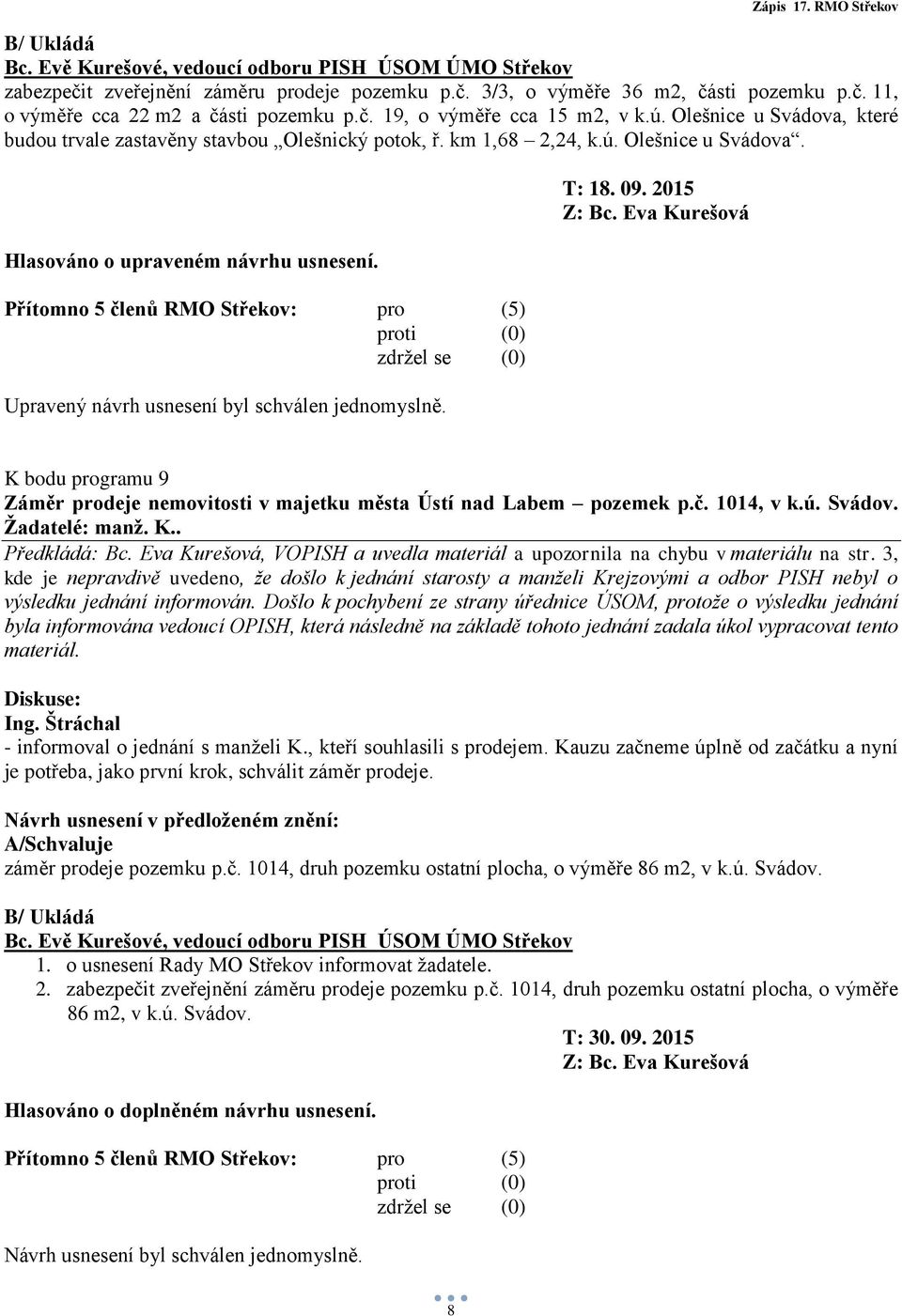 Upravený návrh usnesení byl schválen jednomyslně. T: 18. 09. 2015 K bodu programu 9 Záměr prodeje nemovitosti v majetku města Ústí nad Labem pozemek p.č. 1014, v k.ú. Svádov. Žadatelé: manž. K.. Předkládá: Bc.