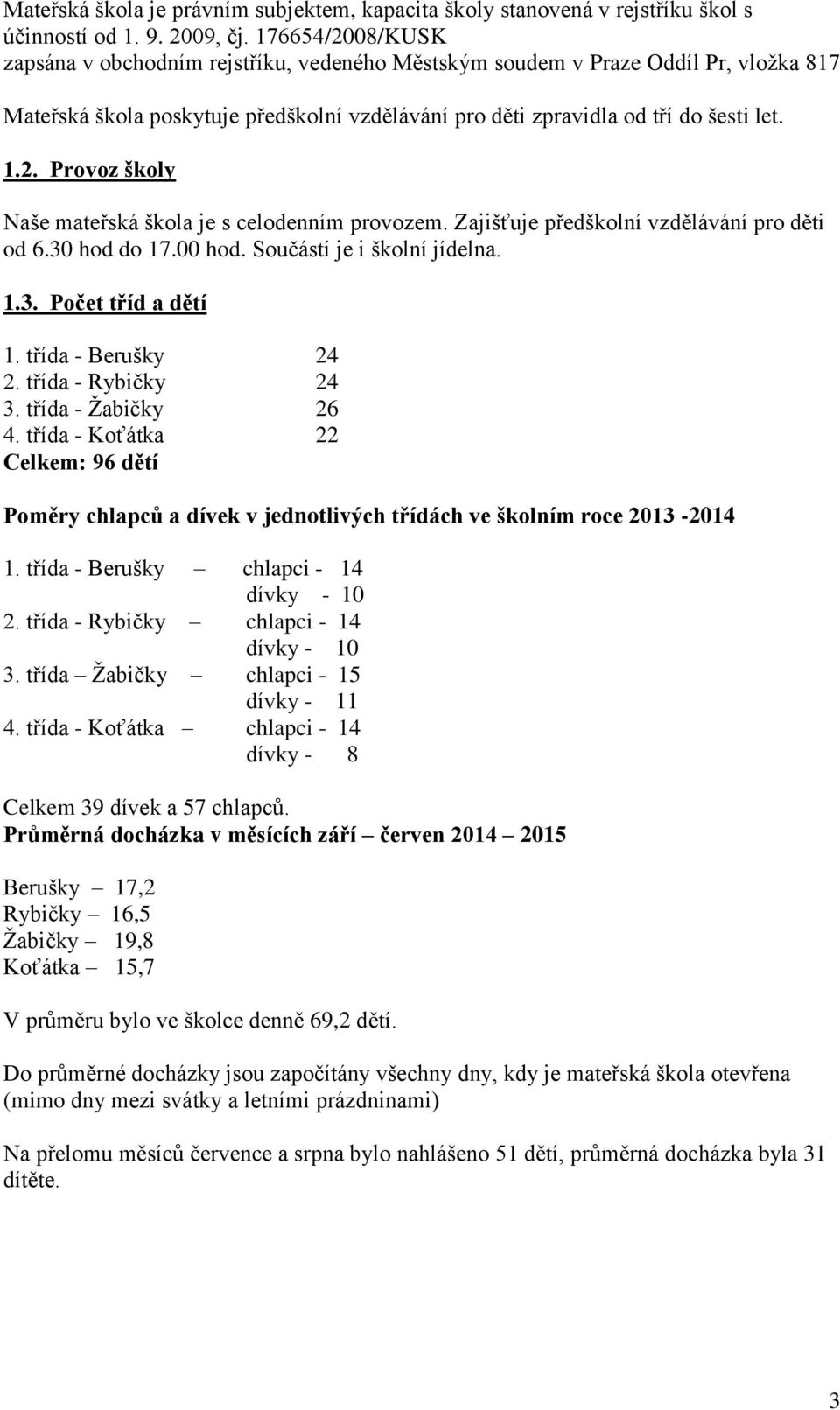 Zajišťuje předškolní vzdělávání pro děti od 6.30 hod do 17.00 hod. Součástí je i školní jídelna. 1.3. Počet tříd a dětí 1. třída - Berušky 24 2. třída - Rybičky 24 3. třída - Žabičky 26 4.