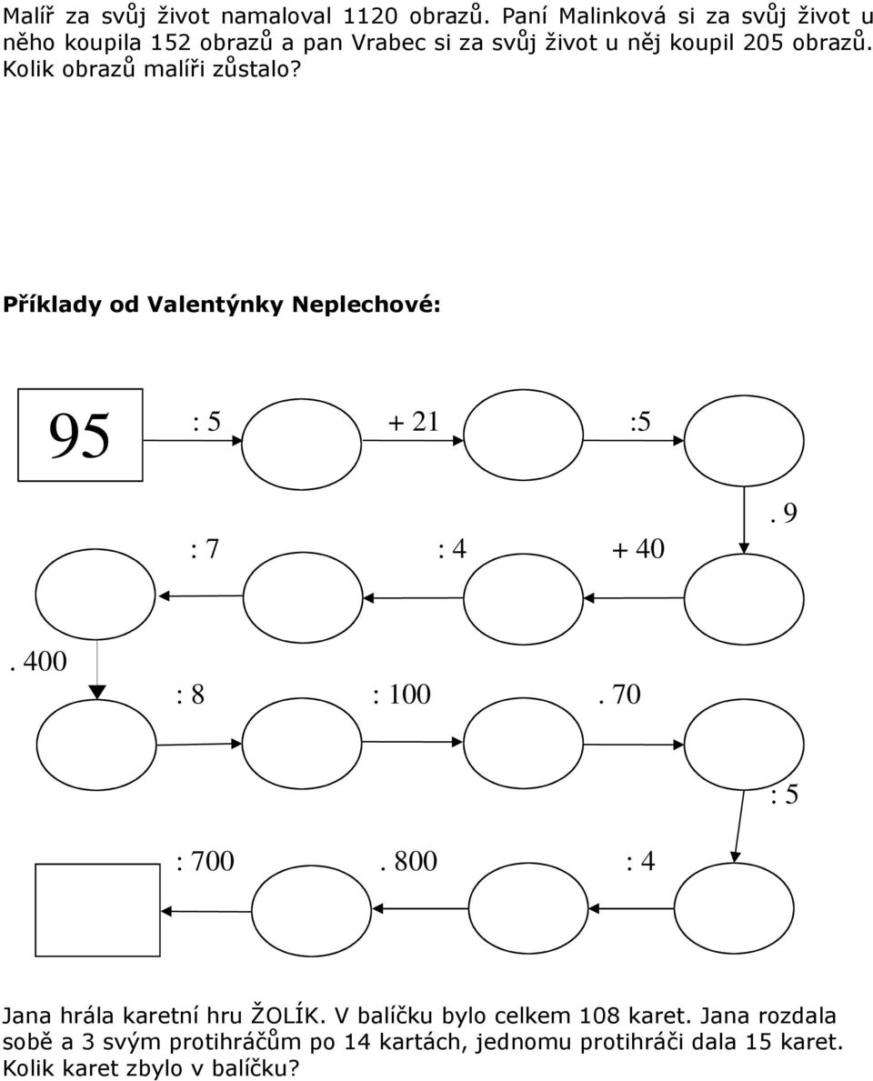 Kolik obrazů malíři zůstalo? Příklady od Valentýnky Neplechové: 95 : 5 + 21 :5 : 7 : 4 + 40. 9. 400 : 8 : 100.