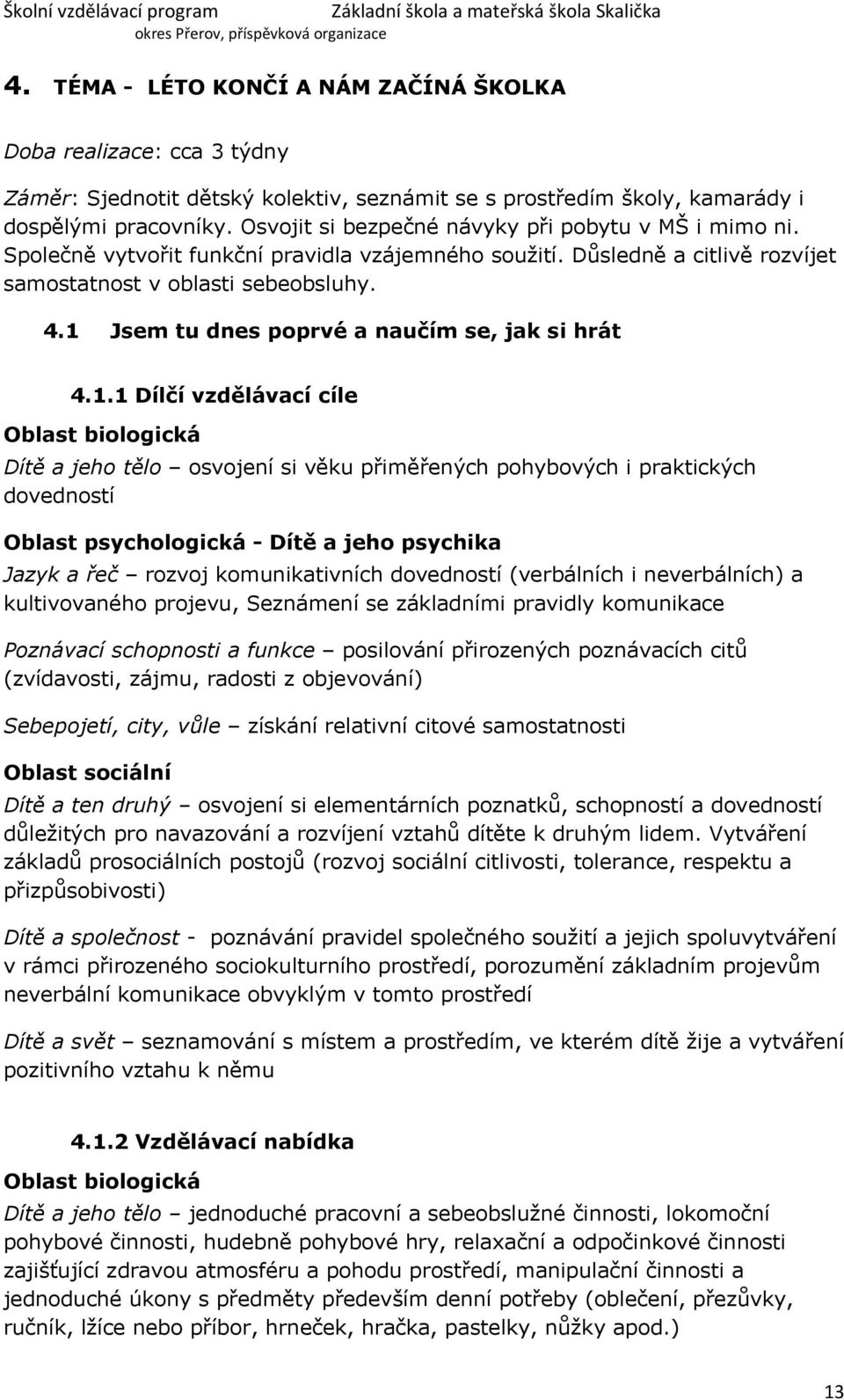 1 Jsem tu dnes poprvé a naučím se, jak si hrát 4.1.1 Dílčí vzdělávací cíle Dítě a jeho tělo osvojení si věku přiměřených pohybových i praktických dovedností Jazyk a řeč rozvoj komunikativních