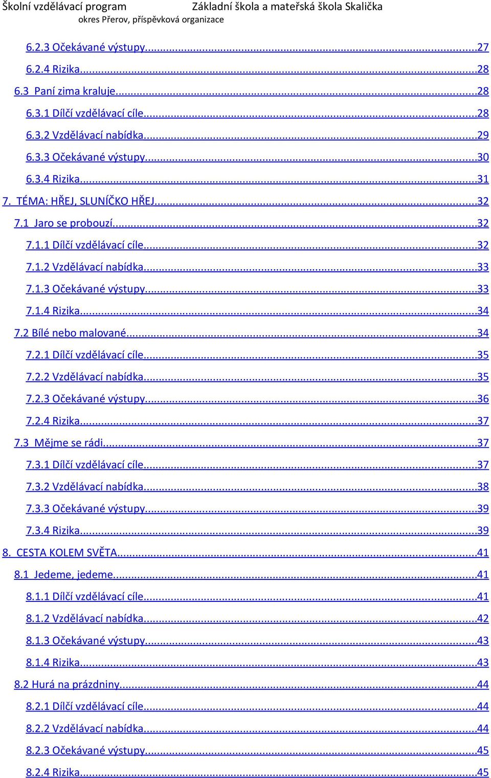 2.2 Vzdělávací nabídka...35 7.2.3 Očekávané výstupy...36 7.2.4 Rizika...37 7.3 Mějme se rádi...37 7.3.1 Dílčí vzdělávací cíle...37 7.3.2 Vzdělávací nabídka...38 7.3.3 Očekávané výstupy...39 7.3.4 Rizika...39 8.