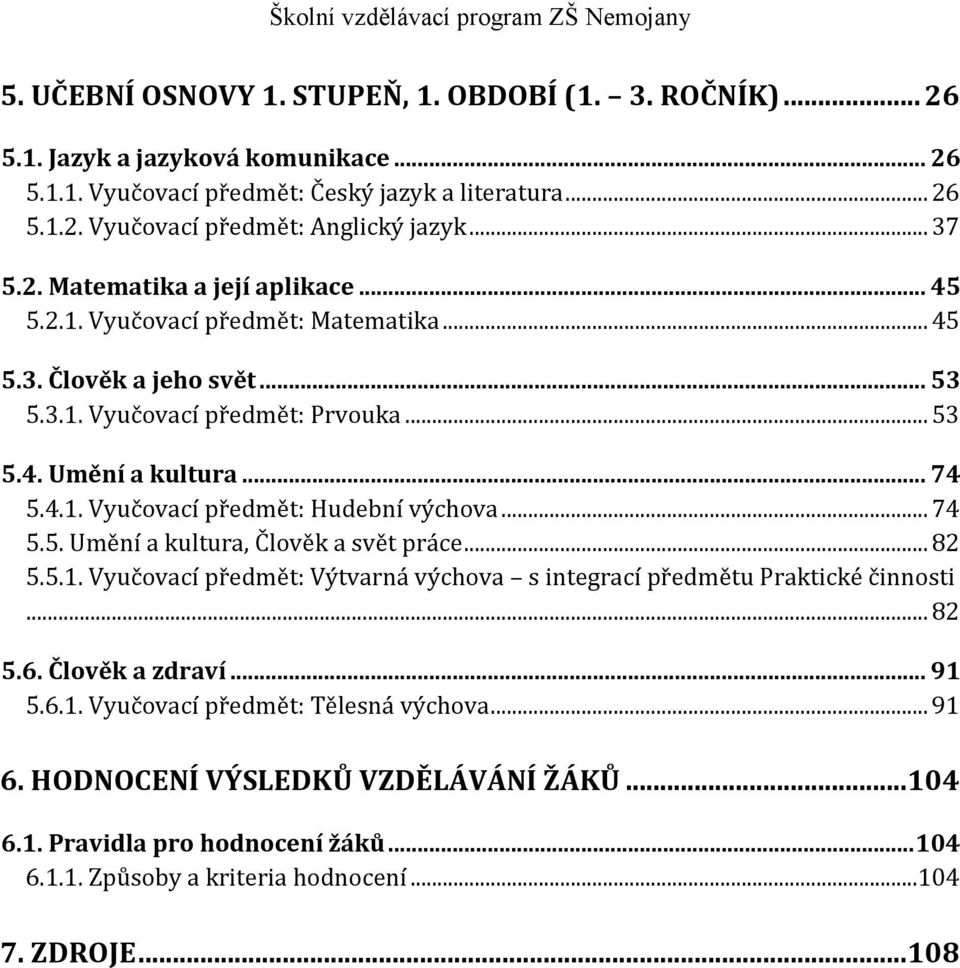 .. 74 5.5. Umění a kultura, Člověk a svět práce... 82 5.5.1. Vyučovací předmět: Výtvarná výchova s integrací předmětu Praktické činnosti... 82 5.6. Člověk a zdraví... 91 5.6.1. Vyučovací předmět: Tělesná výchova.