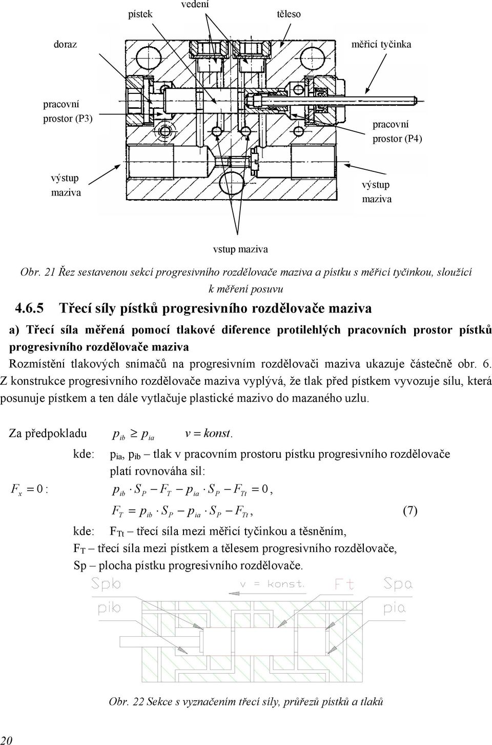 5 Třecí síly pístků progresivního rozdělovače maziva a) Třecí síla měřená pomocí tlakové diference protilehlých pracovních prostor pístků progresivního rozdělovače maziva Rozmístění tlakových snímačů