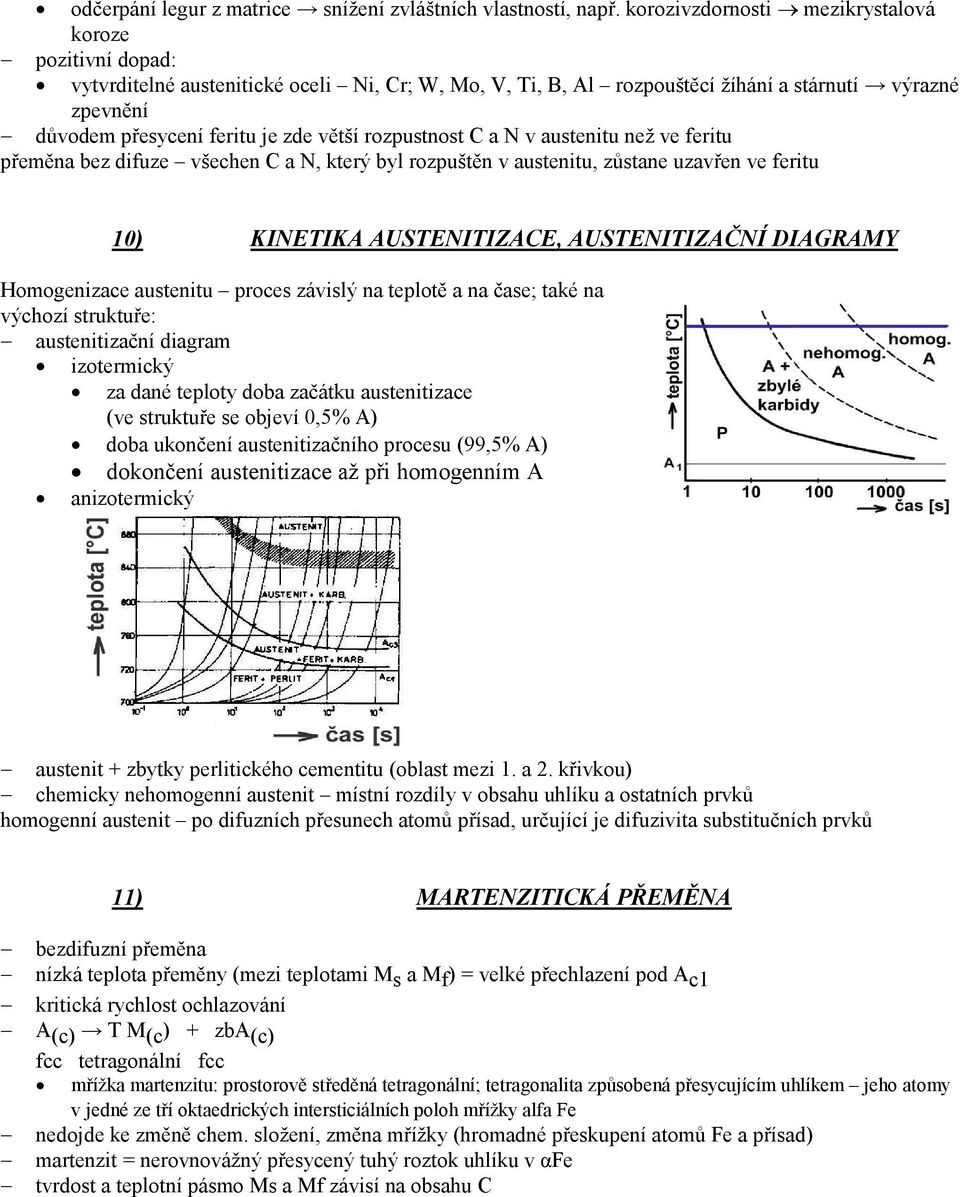 větší rozpustnost C a N v austenitu než ve feritu přeměna bez difuze všechen C a N, který byl rozpuštěn v austenitu, zůstane uzavřen ve feritu 10) KINETIKA AUSTENITIZACE, AUSTENITIZAČNÍ DIAGRAMY