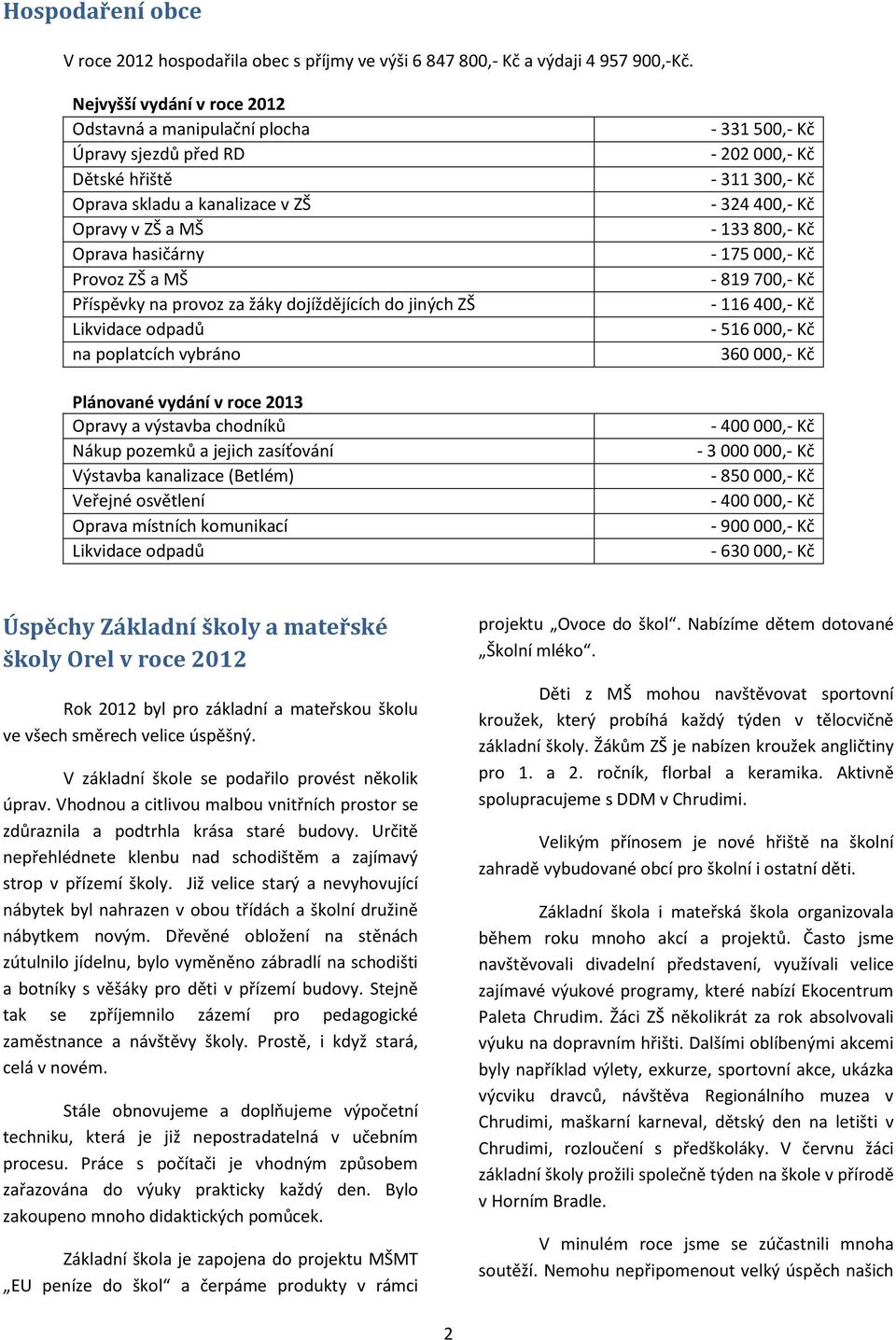 žáky dojíždějících do jiných ZŠ Likvidace odpadů na poplatcích vybráno Plánované vydání v roce 2013 Opravy a výstavba chodníků Nákup pozemků a jejich zasíťování Výstavba kanalizace (Betlém) Veřejné