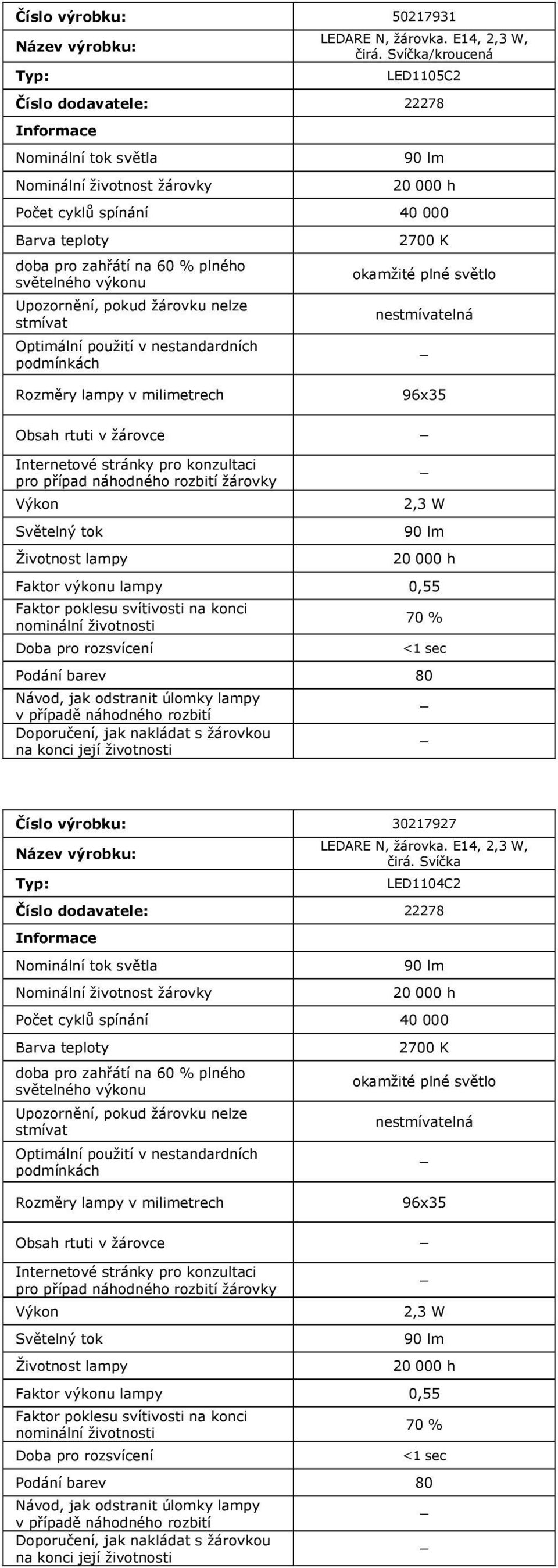 Svíčka/kroucená LED1105C2 96x35 5 Číslo