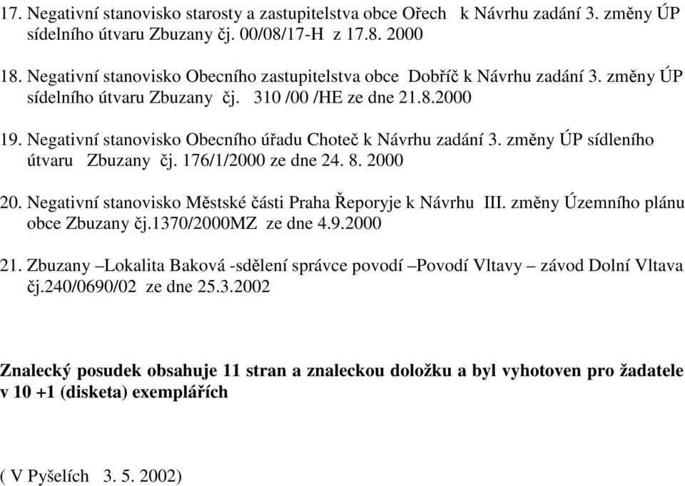 Negativní stanovisko Obecního úřadu Choteč k Návrhu zadání 3. změny ÚP sídleního útvaru Zbuzany čj. 176/1/2000 ze dne 24. 8. 2000 20. Negativní stanovisko Městské části Praha Řeporyje k Návrhu III.