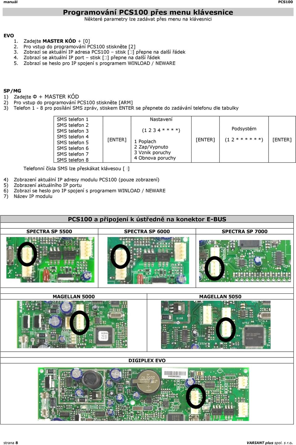 Zobrazí se heslo pro IP spojení s programem WINLOAD / NEWARE SP/MG 1) Zadejte Φ + MASTER KÓD 2) Pro vstup do programování stiskněte [ARM] 3) Telefon 1-8 pro posílání SMS zpráv, stiskem ENTER se