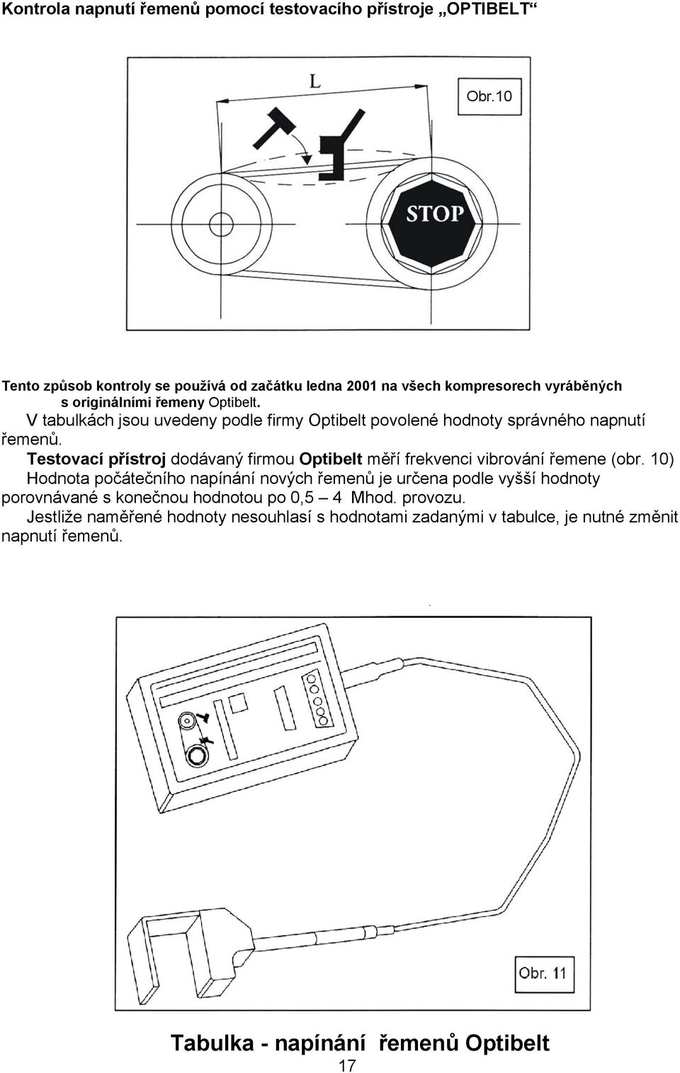 V tabulkách jsou uvedeny podle firmy Optibelt povolené hodnoty správného napnutí řemenů.