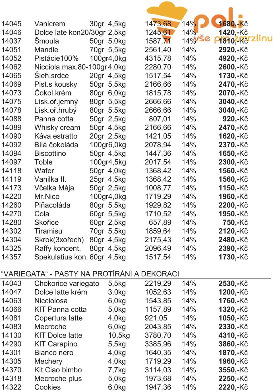 s kousky 50gr 5,5kg 2166,66 14% 2470, -Kč 14073 Čokol.krém 80gr 6,0kg 1815,78 14% 2070,-Kč 14075 Lísk.oř.